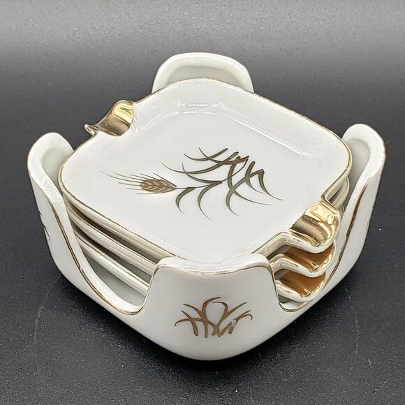 Lefton White Gold Wheat Design Vintage Personal Porcelain Ashtrays with Holder - Picture 2 of 11